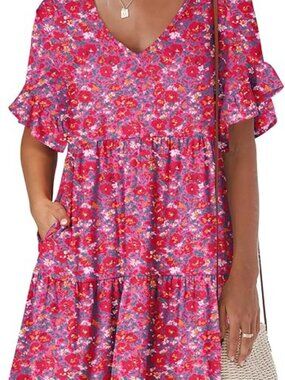 Anrabess Women's Red Stylish Neck Ruffle Sleeve A Line Tiered Mini Flowy Dress